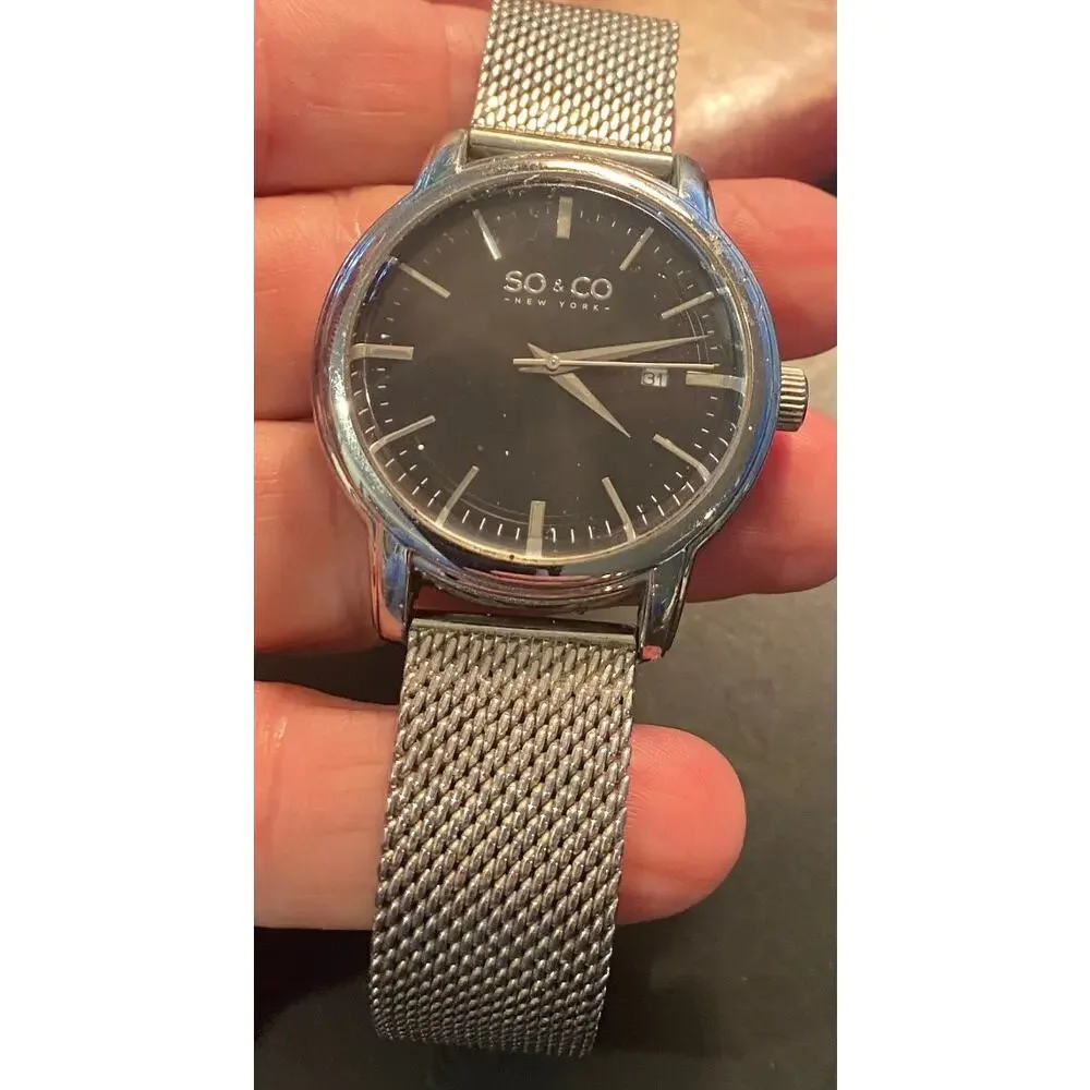 Men's 42mm silver Tone SO & CO watch, Adjustable Mesh Band, Date